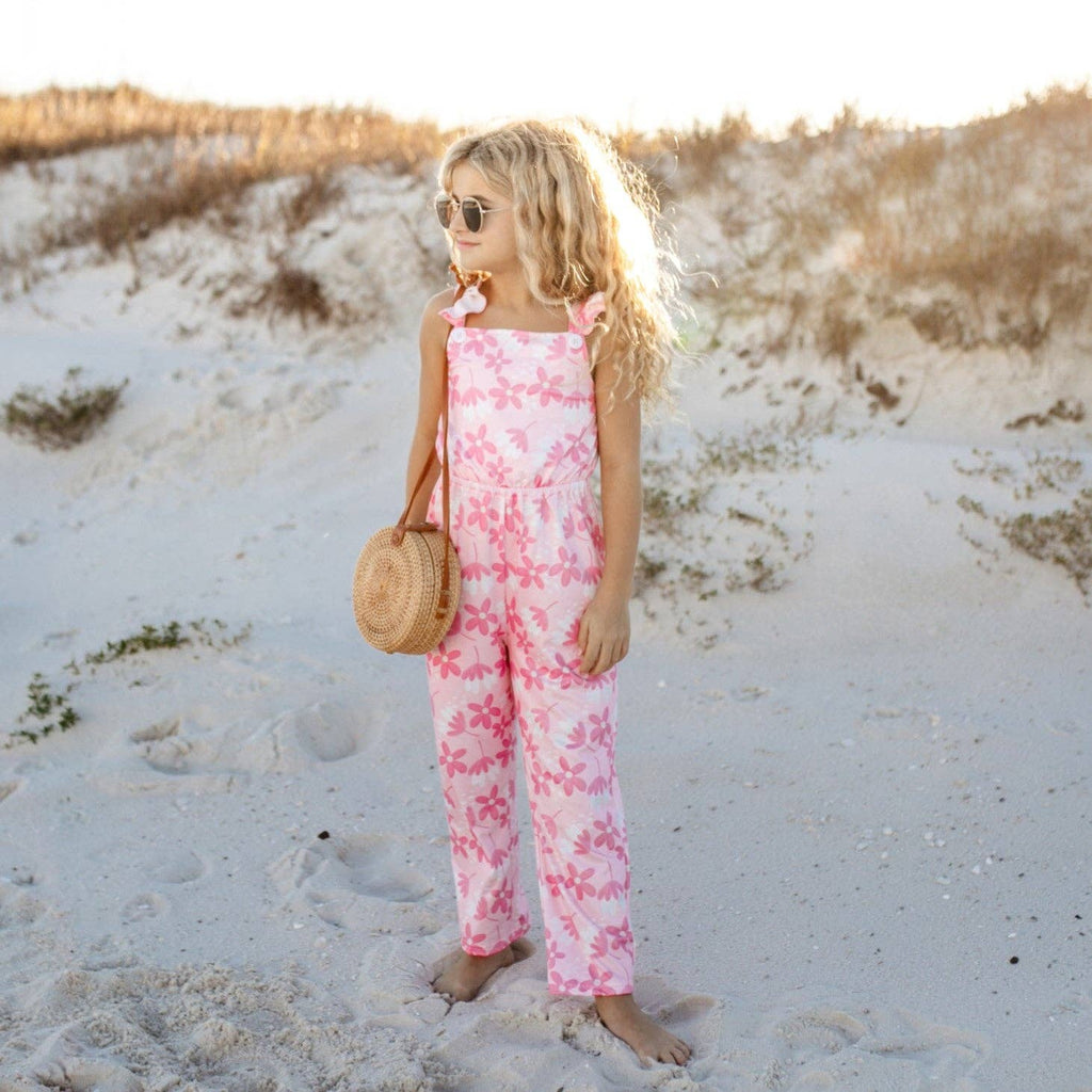 Kids Pink White Floral Button Ruffle Pocket Jumpsuit
