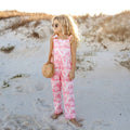 Kids Pink White Floral Button Ruffle Pocket Jumpsuit