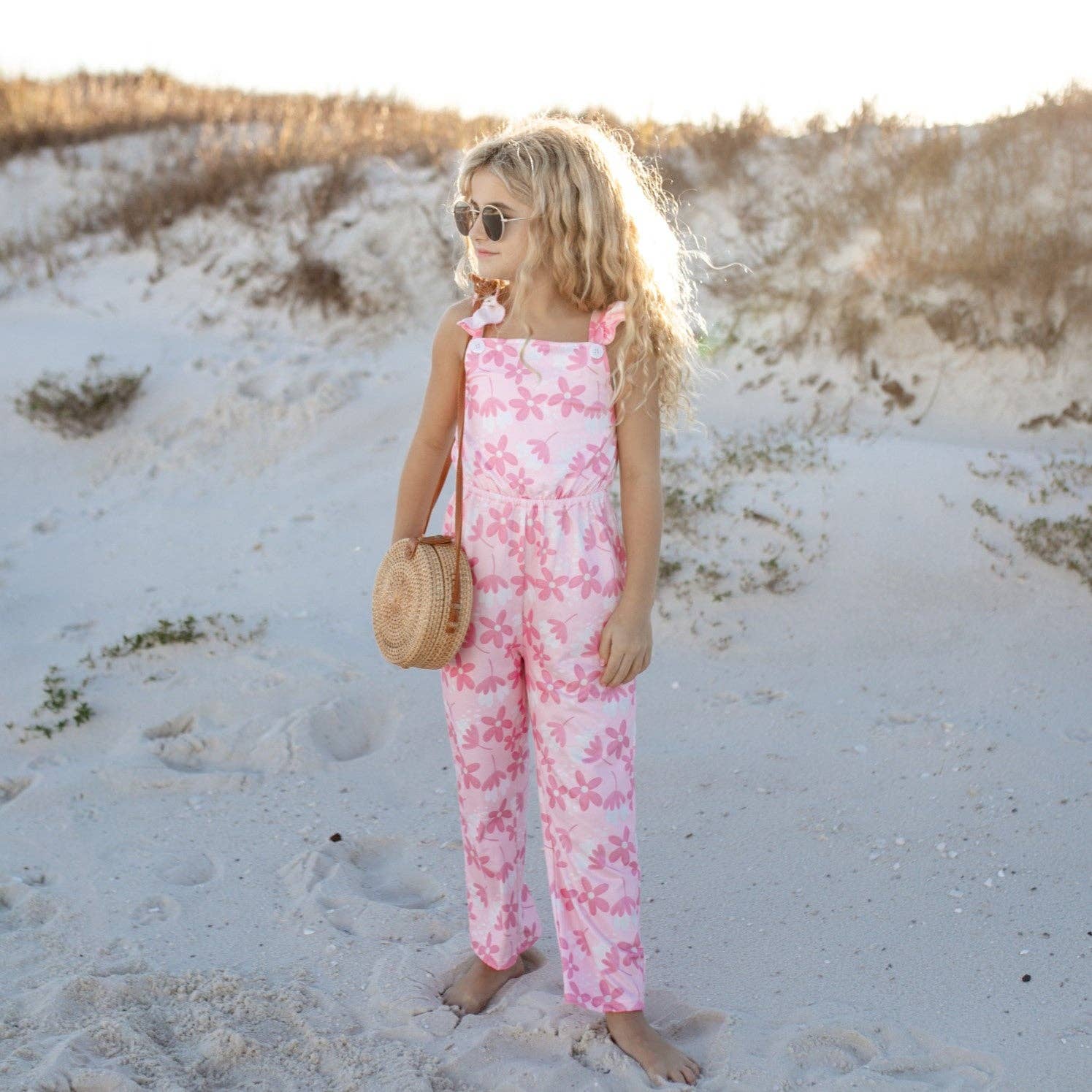 Kids Pink White Floral Button Ruffle Pocket Jumpsuit
