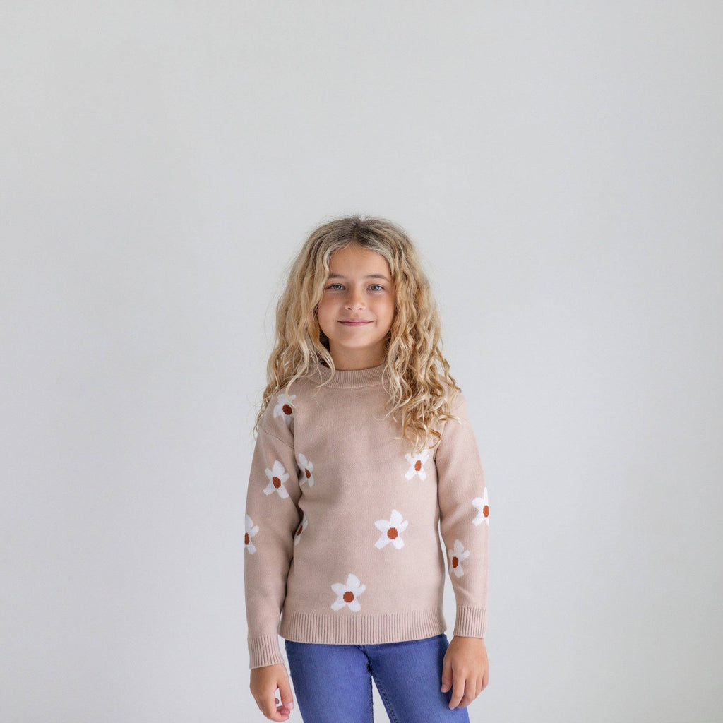 Kids Beige Flower Crew Neck Fall Winter Sweater
