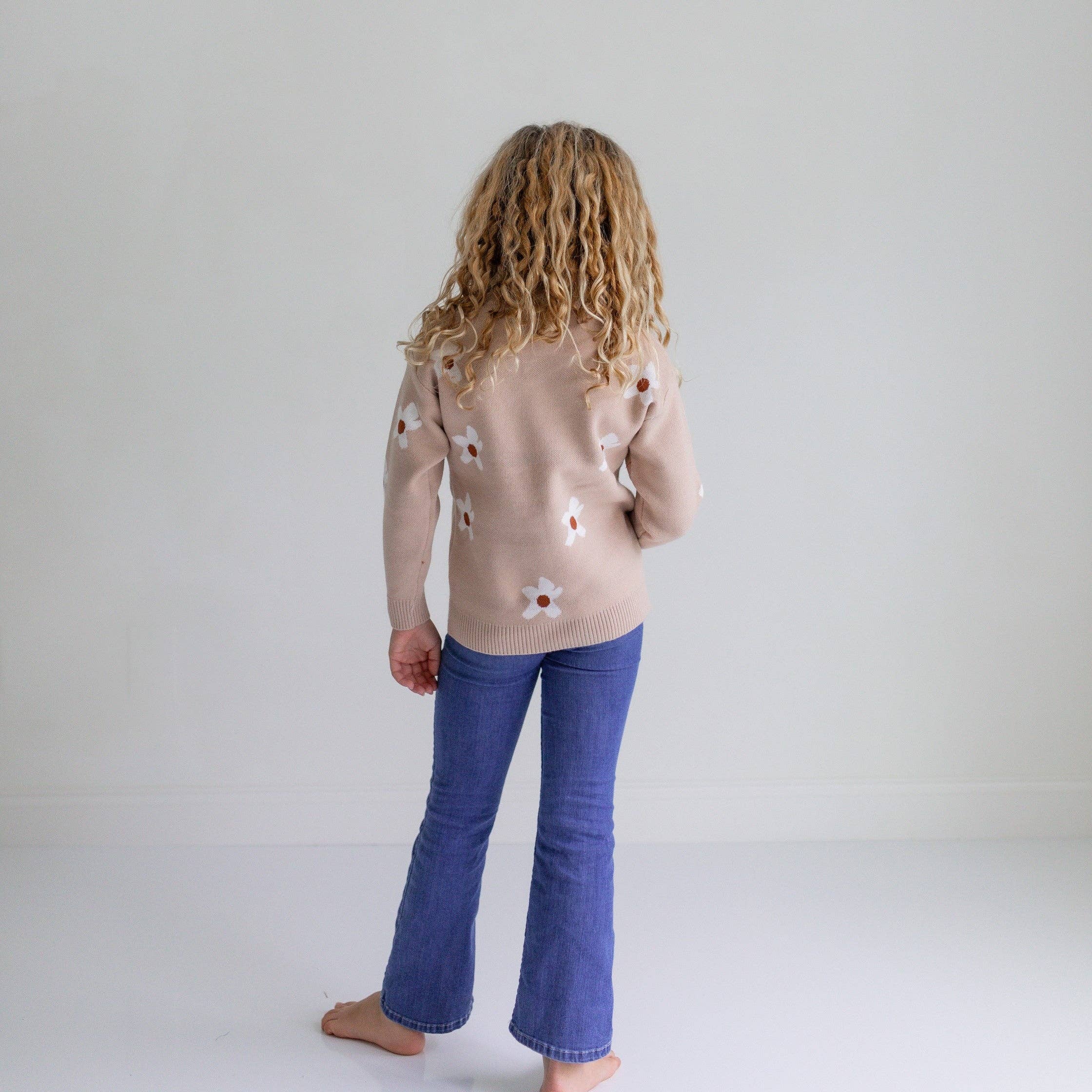 Kids Beige Flower Crew Neck Fall Winter Sweater