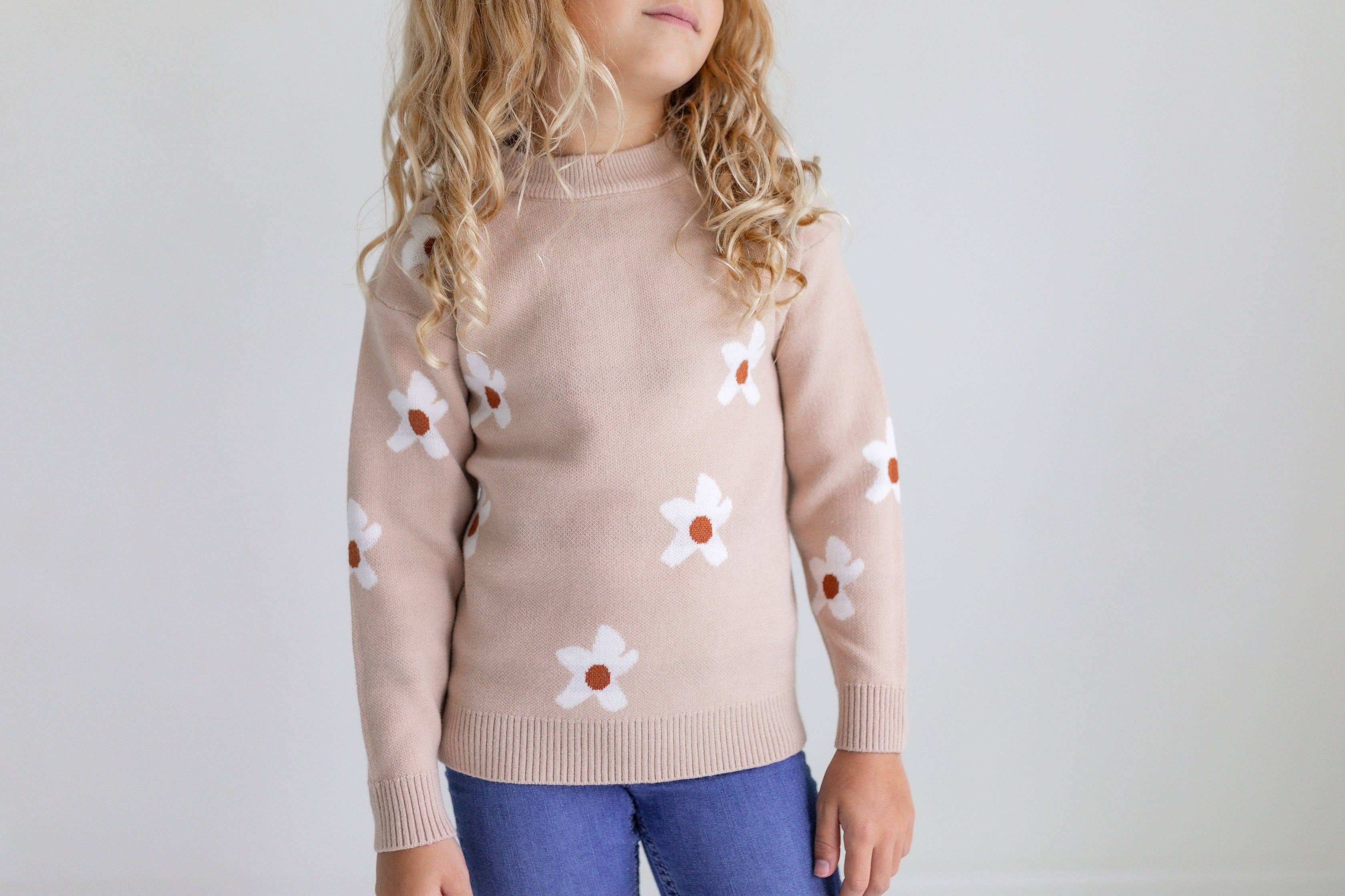 Kids Beige Flower Crew Neck Fall Winter Sweater