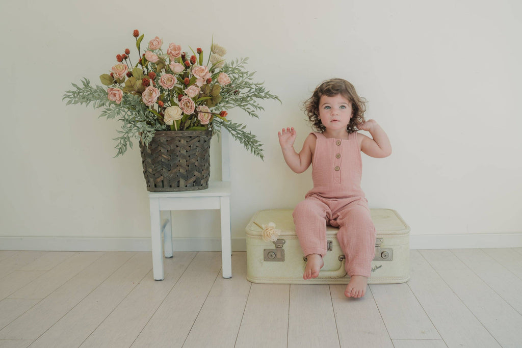 The Darcy - Sweet Pink- Organic Muslin Adjustable Overalls: Sweet Pink / Jumpsuit