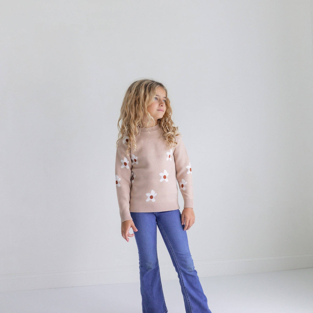 Kids Beige Flower Crew Neck Fall Winter Sweater