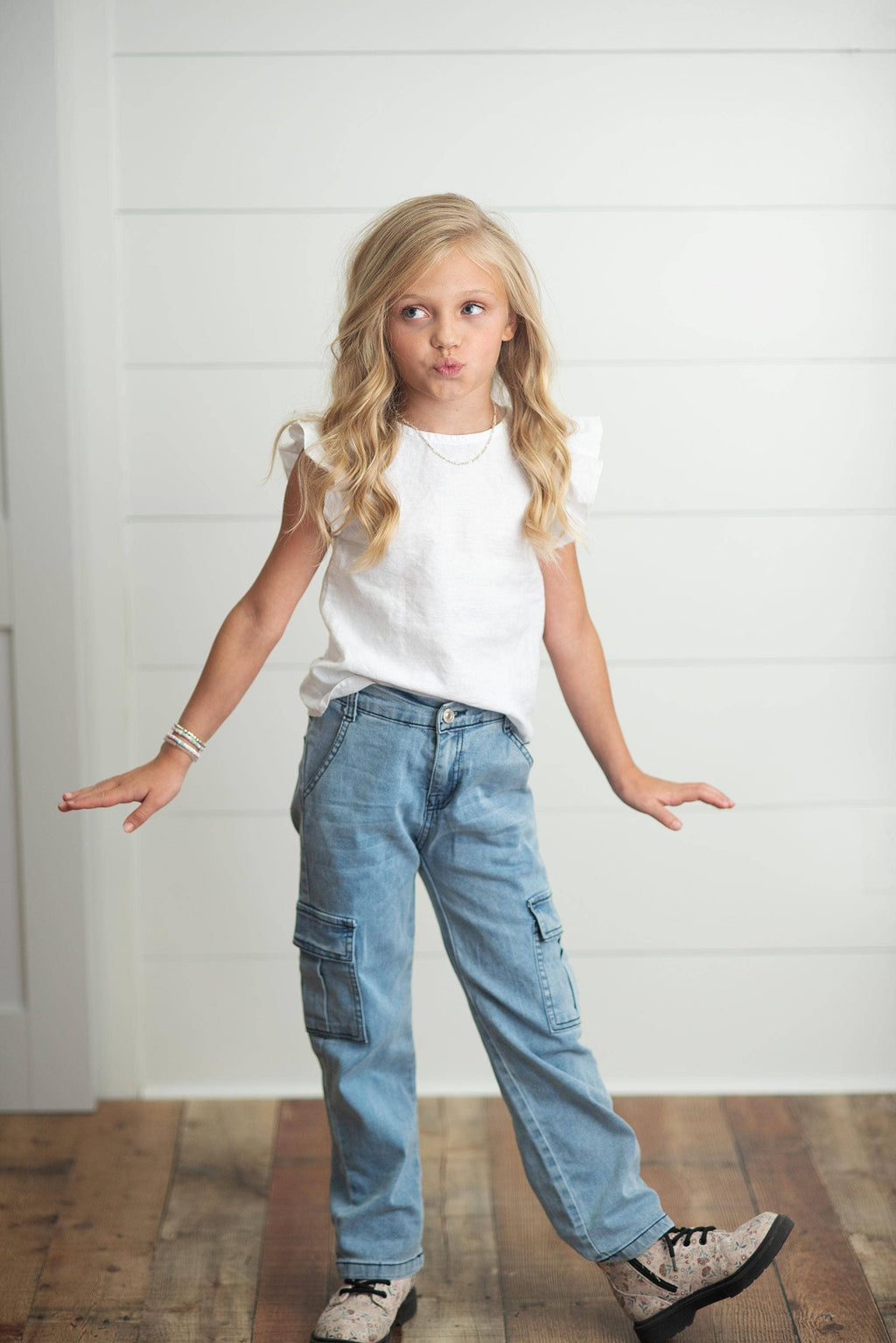 Kids Light Wash Faded Denim Cargo Jean Pant With Pockets