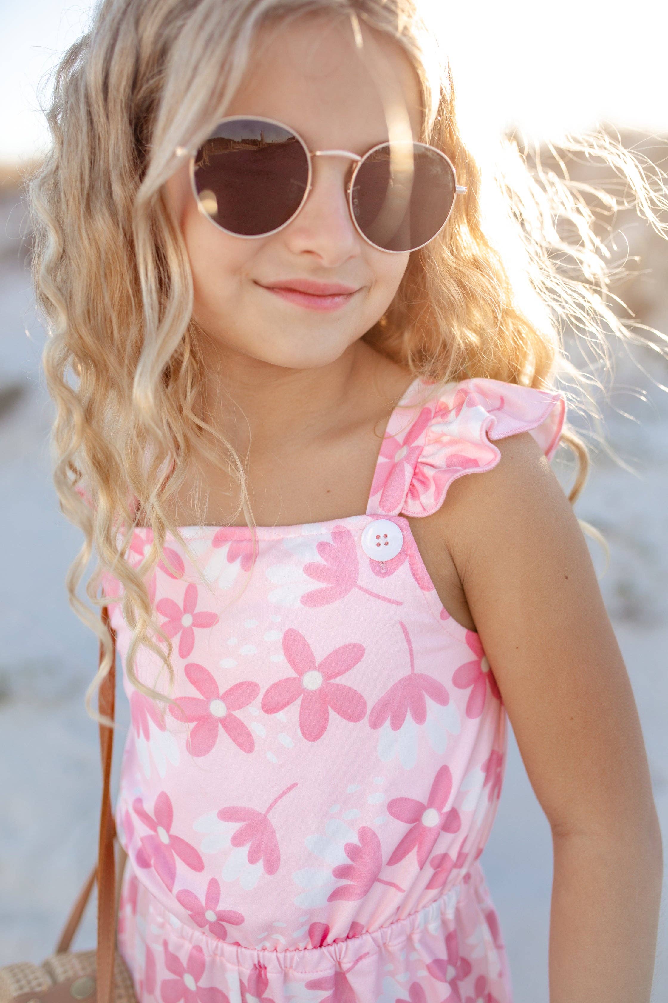 Kids Pink White Floral Button Ruffle Pocket Jumpsuit