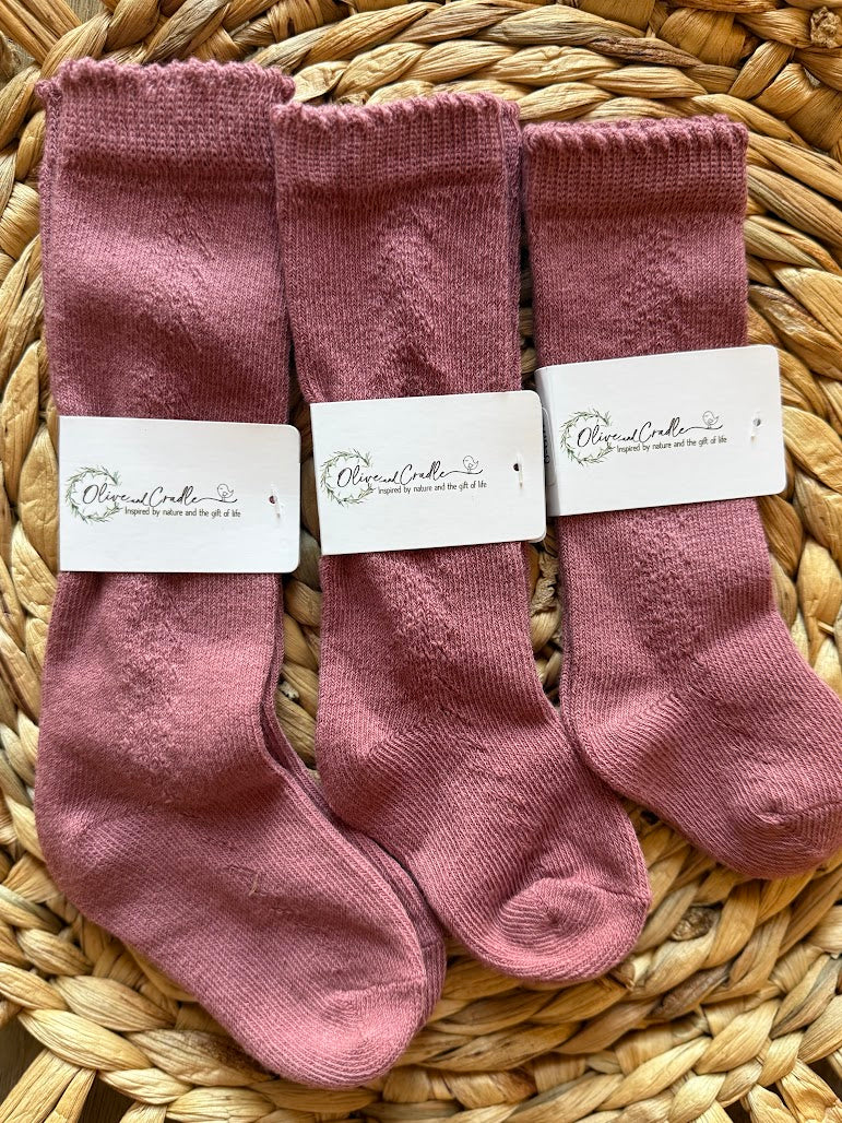 French Lace Knee High Baby Socks: Cranberry