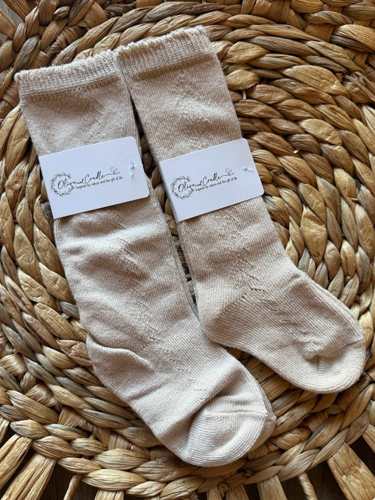 French Lace Knee High Baby Socks: Oatmeal